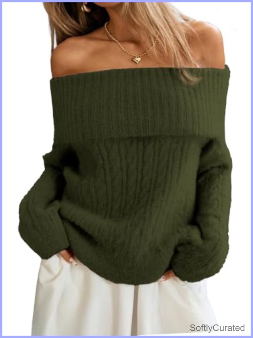 Off Shoulder Cable Knit Sweater Soft Oversized Pullover Wide Collar